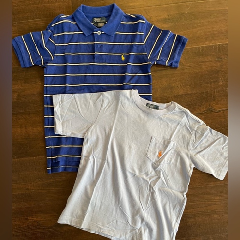 POLO RALPH LAUREN (2) Blue Shirts Short Sleeve Tee and Striped Collar‎ Size 7
